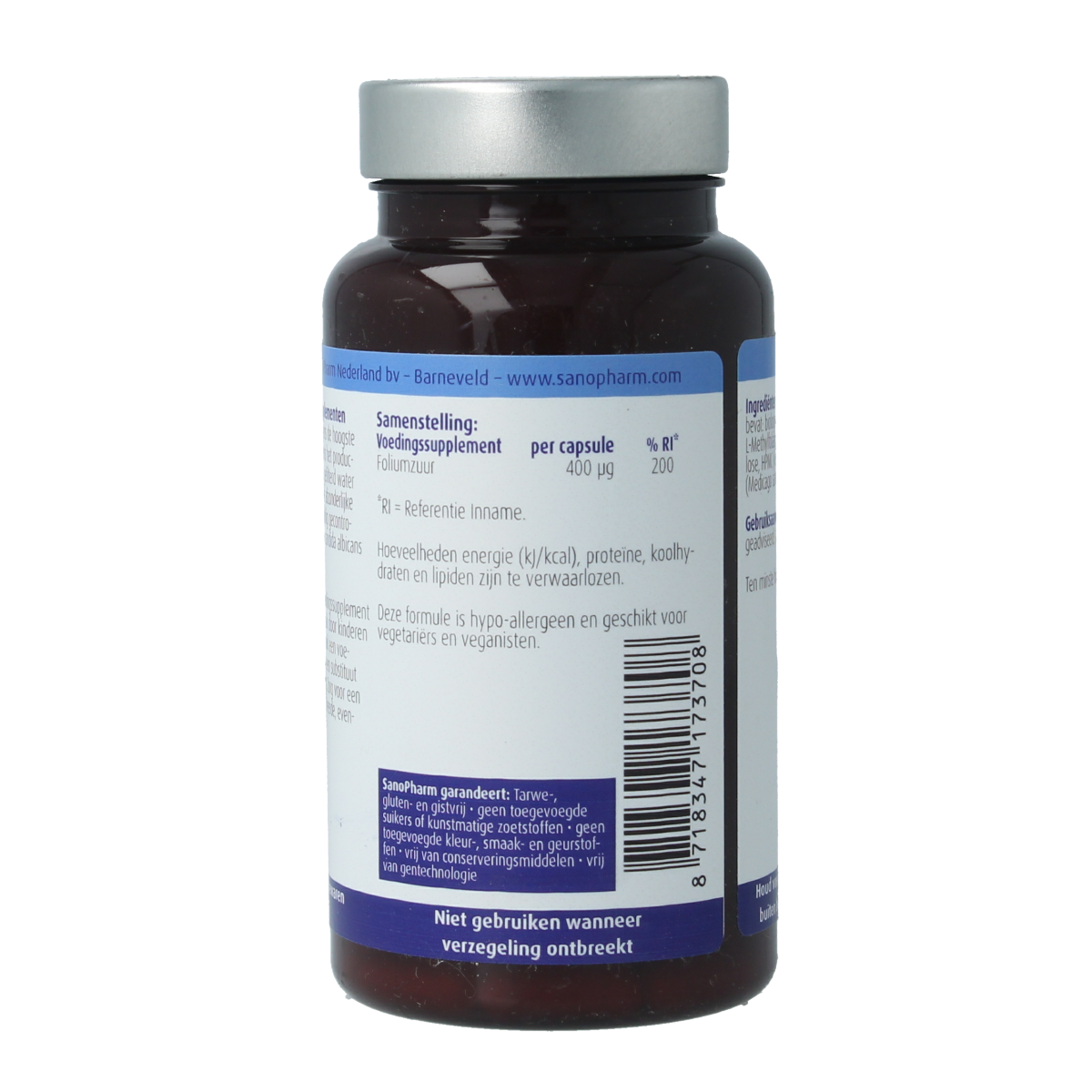 SanoPharm Foliumzuur with alfalfa capsules, high-quality vitamin supplement, 60 capsules visible in the image.