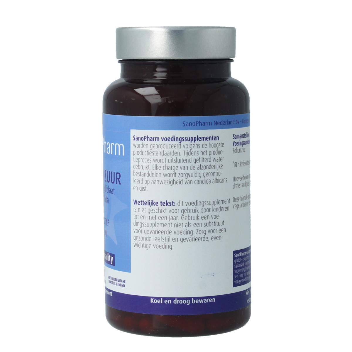 SanoPharm Foliumzuur capsules with alfalfa, high quality vitamin supplement in a bottle of 60 capsules.