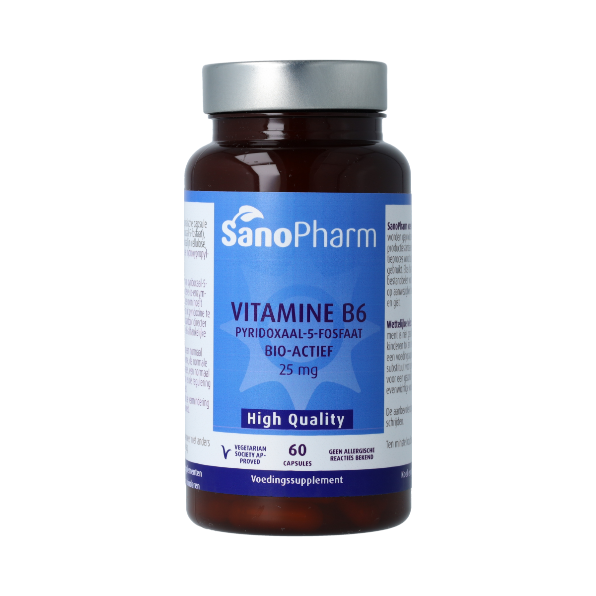 SanoPharm Vitamin B6 capsules in a bottle, dietary supplement for energy and nerve health, high-quality vitamin B6 product