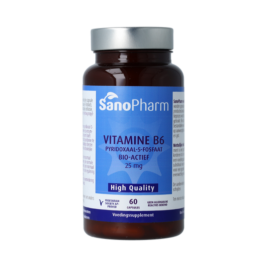 SanoPharm Vitamin B6 capsules in a bottle, dietary supplement for energy and nerve health, high-quality vitamin B6 product