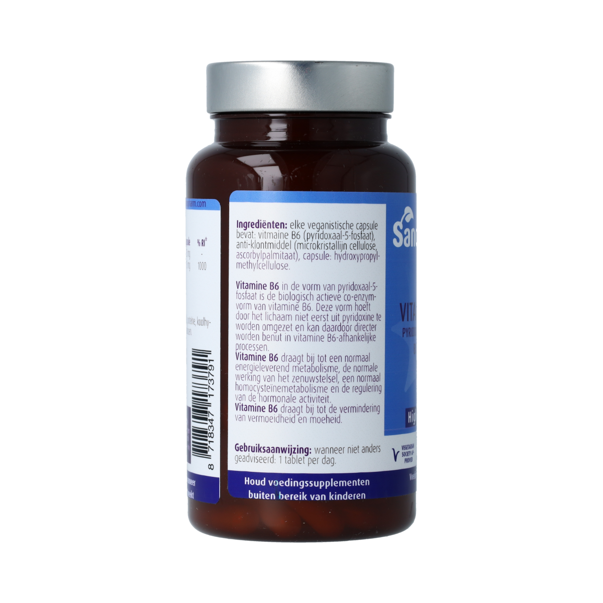 SanoPharm Vitamin B6 capsules in a bottle, high-quality supplement for supporting overall health and wellness.