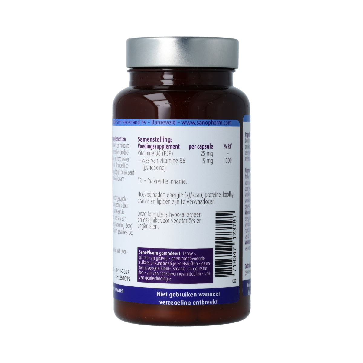 SanoPharm Vitamin B6 capsules, high-quality dietary supplement in a bottle, natural health support, 60 capsules.