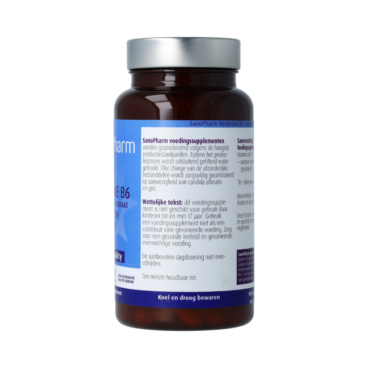 SanoPharm Vitamin B6 capsules, high-quality dietary supplement in a bottle, 60 capsules for daily nutritional support.
