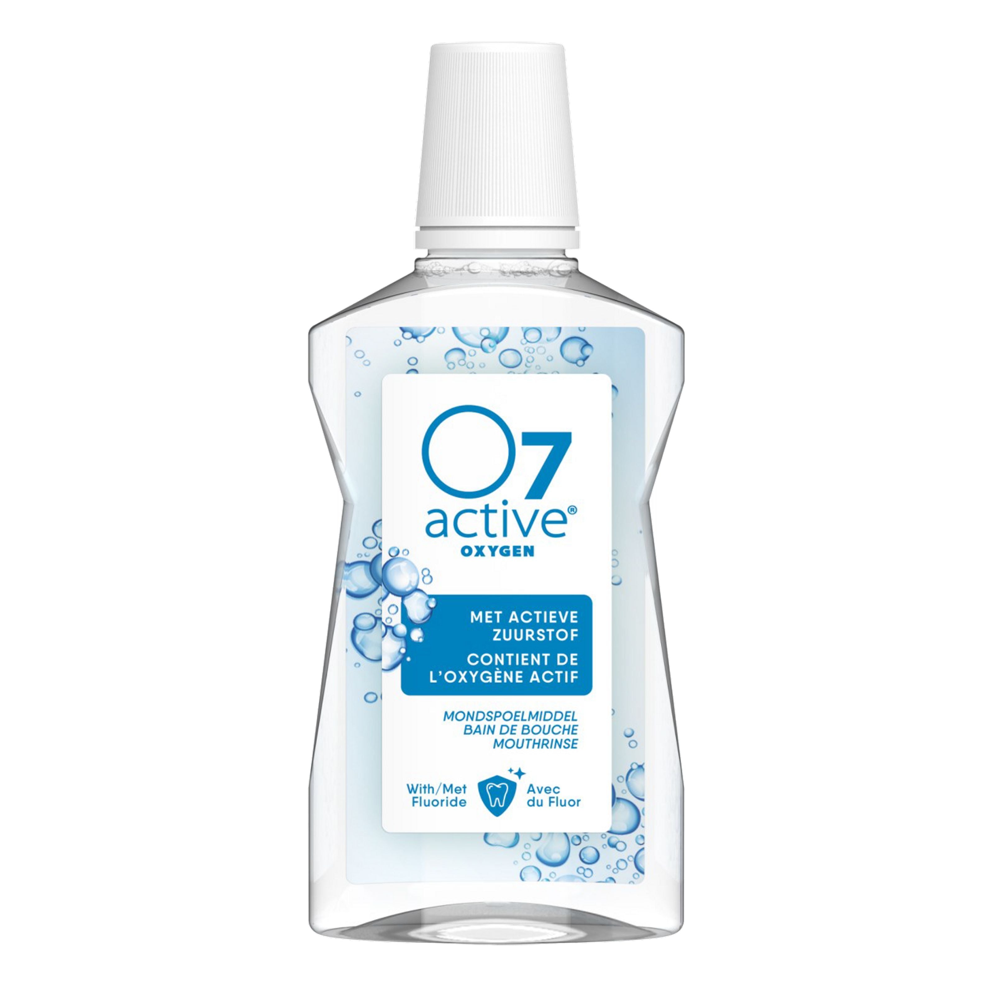O7 active Active mouthwash in a 500ml bottle, featuring a clear liquid for oral hygiene and freshening breath.