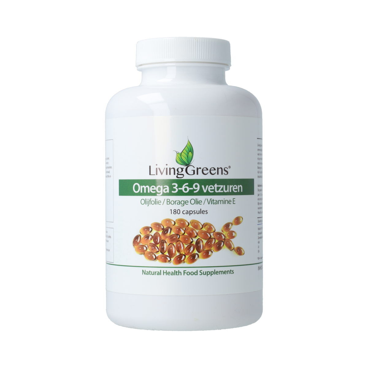 Livinggreens Omega 3-6-9 complex Vetzuren capsules in a bottle, showing the product label and capsules inside.