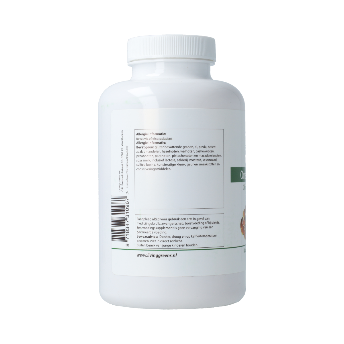 Livinggreens Omega 3-6-9 complex Vetzuren capsules, 180-count, with softgel capsules showing the product label and capsules.