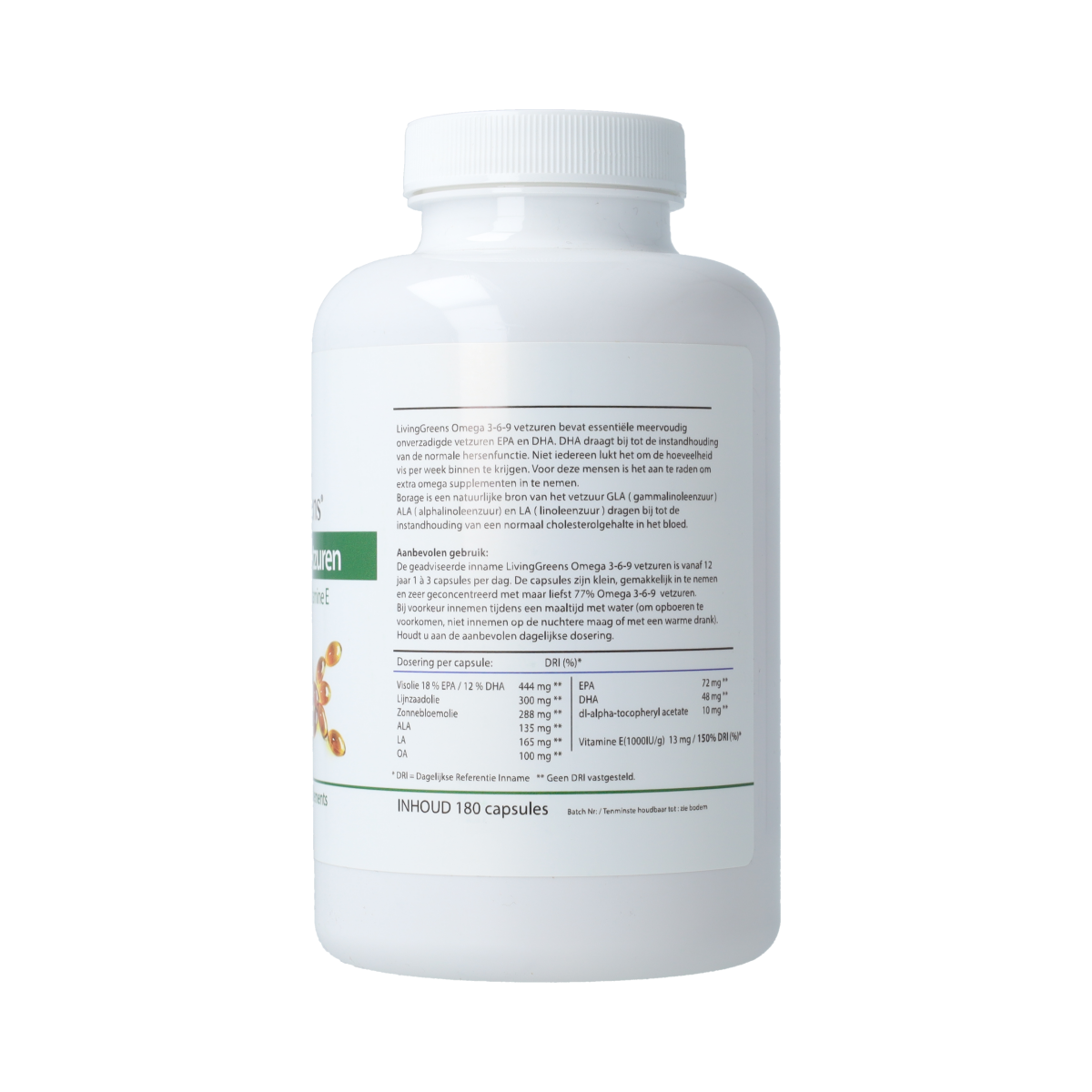 Livinggreens Omega 3-6-9 complex Vetzuren capsules, showing a bottle of 180 capsules with label detail.