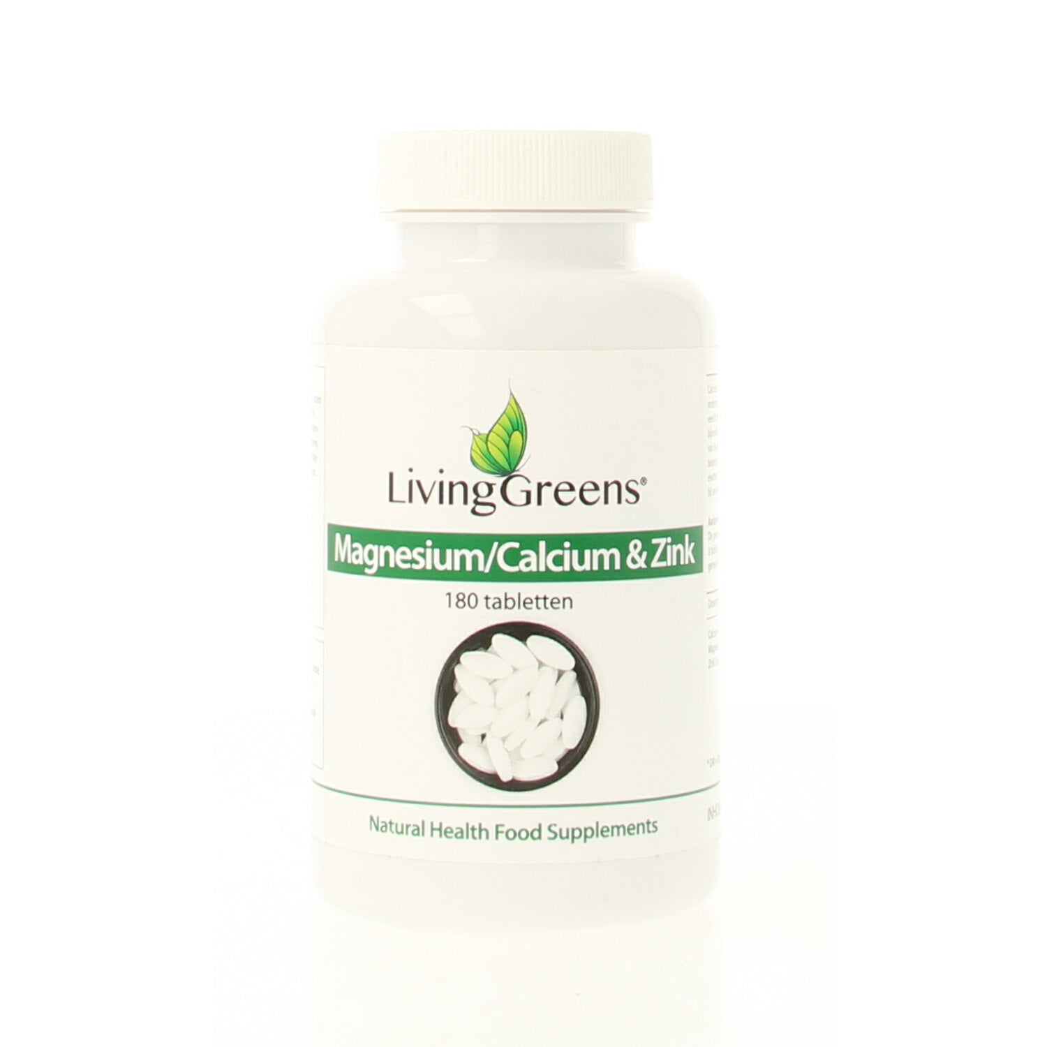 Livinggreens Magnesium, Calcium, Zink multi-mineral tablets, 180 count, dietary supplement in blister packaging.