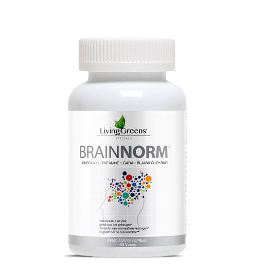 Livinggreens Brainnorm vegetarian capsules containing omega fatty acids, displayed in a blister pack with green packaging.