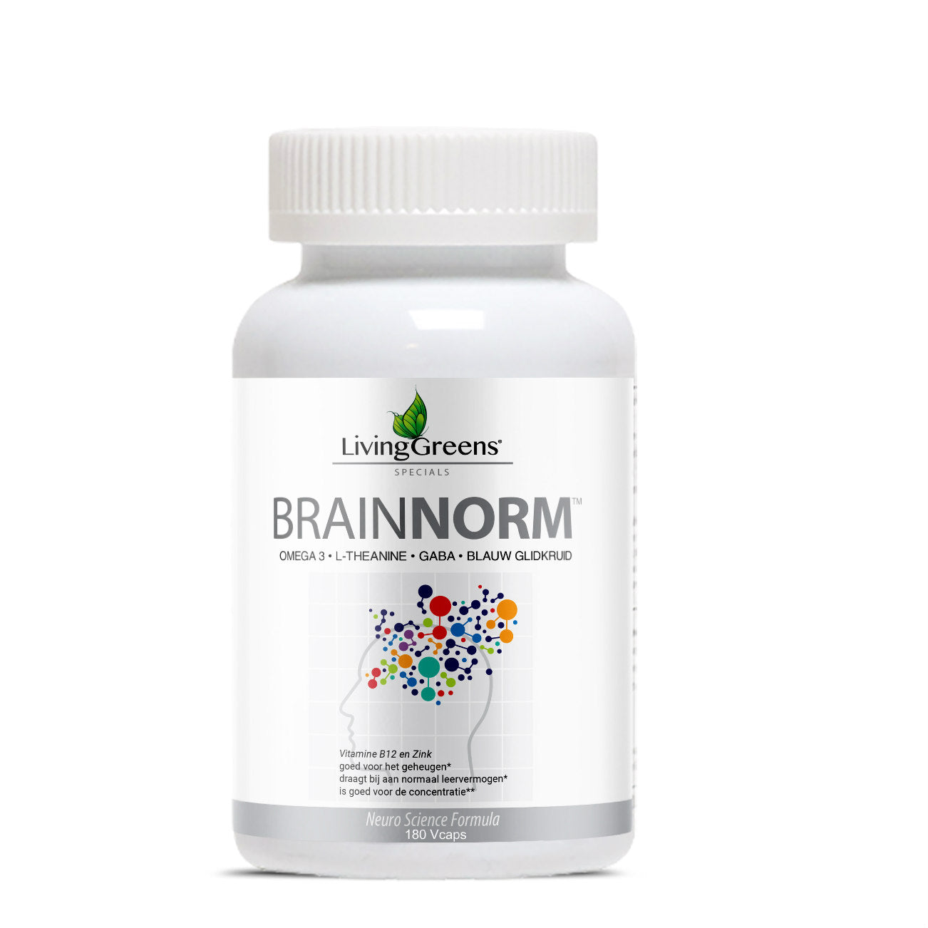 Livinggreens Brainnorm vegetarian capsules with omega fatty acids in a clear container, showing the product label and capsules inside.