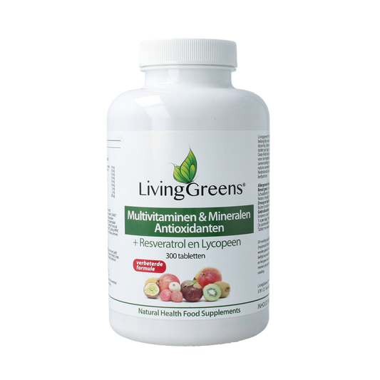 Livinggreens Multi Vitamins and Minerals antioxidant tablets, 300 count, dietary supplement with colorful tablets in bottle.