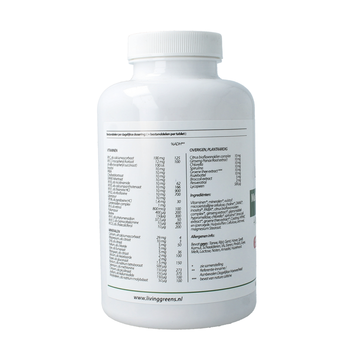 Livinggreens Multi Vitamins and Minerals antioxidant tablets, 300 count, showing the supplement bottle and tablets.