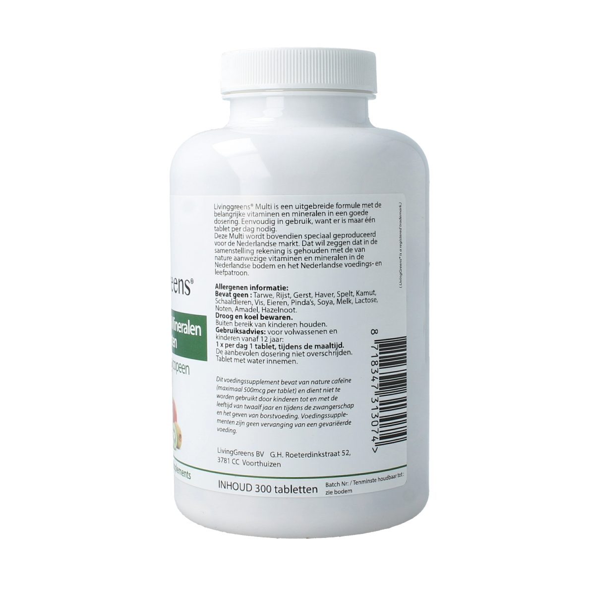 Livinggreens multi vitamins and minerals antioxidant tablets, 300 count, in a clear bottle with colorful label showing supplement details.