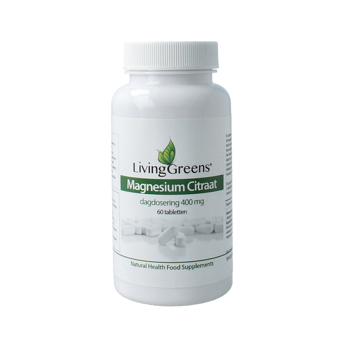 Livinggreens Magnesium Citrate 400mg mineral tablets, 60 count, showing the bottle and tablets inside.