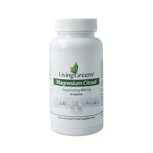 Livinggreens Magnesium Citrate 400mg mineral tablets, 60 count, showing the bottle and tablets inside.