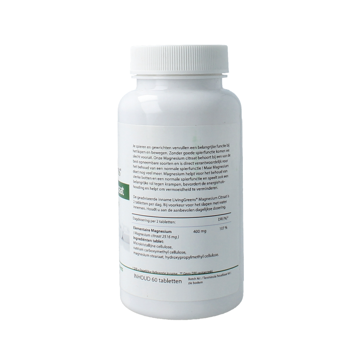 Livinggreens Magnesium Citraat 400mg mineral supplement in a bottle of 60 tablets, showing the product packaging and tablets inside.