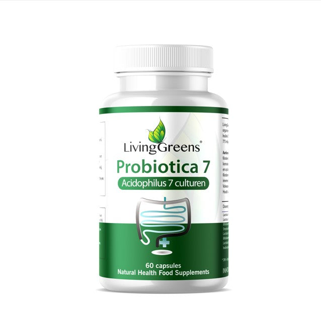 Livinggreens Probiotica acidophilus capsules with 7 cultures, dietary supplement for gut health, shown in a bottle.