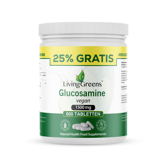 Livinggreens vegan Glucosamine supplement bottle with 600 tablets, featuring mineral ingredients in a clear container.
