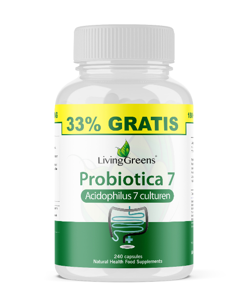 Livinggreens Probiotica 7 voordeel verpakking with 240 capsules of micro-organismen for digestive health in a colorful package.