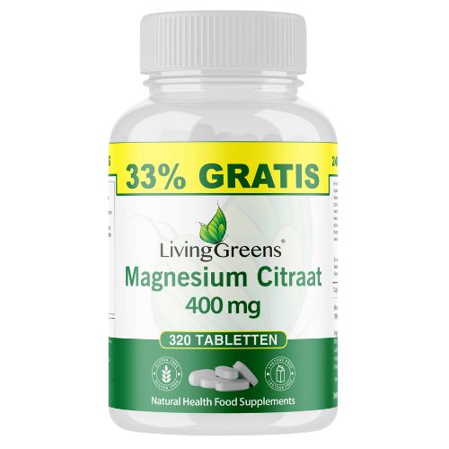 Livinggreens Magnesium Citraat 400mg mineral supplement tablets, 320-count, close-up of the supplement bottle.