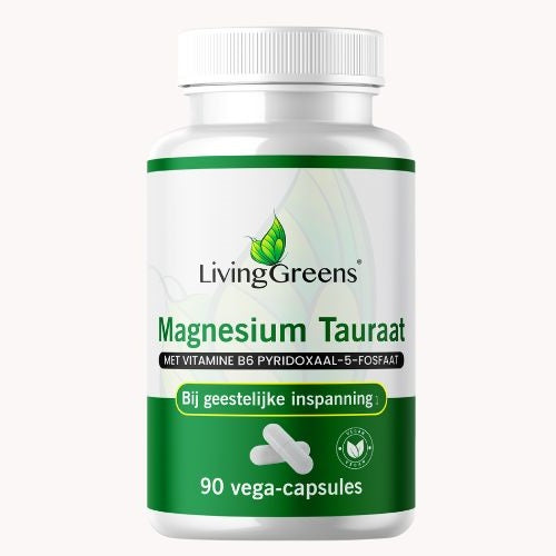 Livinggreens Magnesium and Vitamin B6 vegetarian capsules, close-up of the dietary supplement bottle with capsules visible inside.