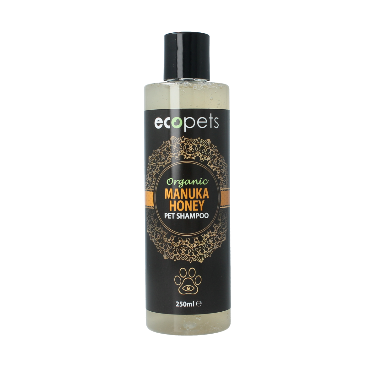 Ecopets Organic pet shampoo with manuka honey in a 250ml bottle, designed for gentle pet skin care and hygiene.