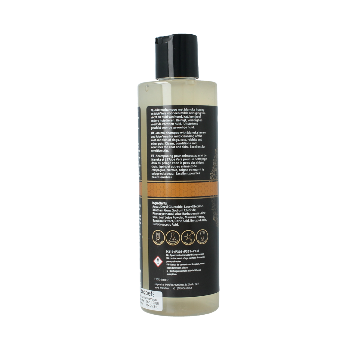 Ecopets Organic pet shampoo with manuka honey, 250ml, gentle pet grooming product for healthy skin and shiny coat.