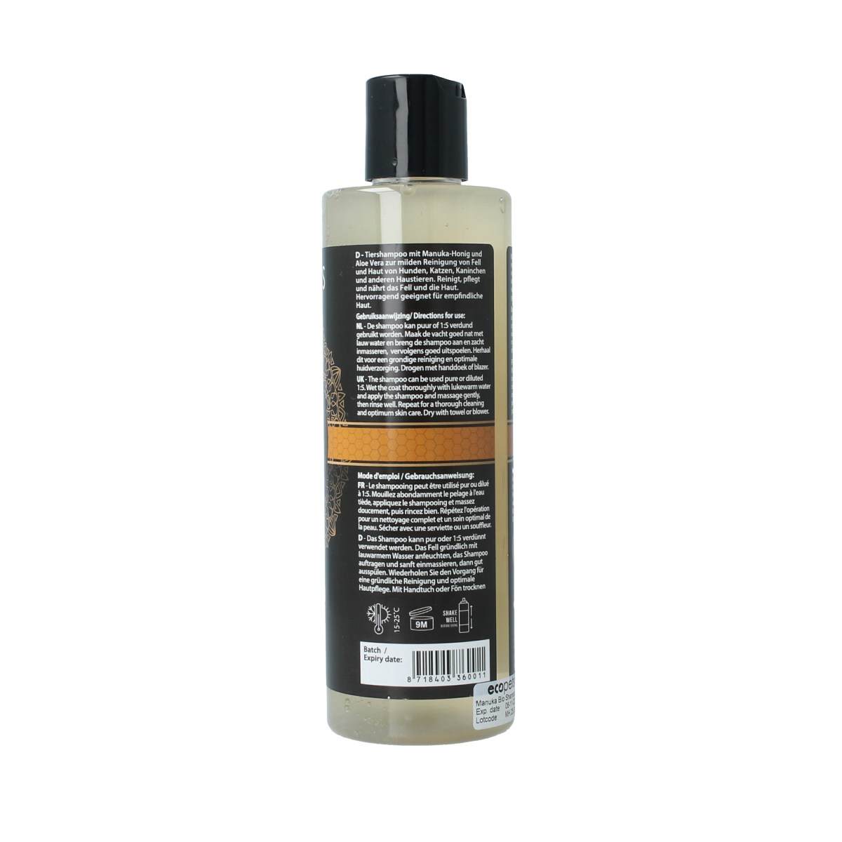 Ecopets Organic pet shampoo with manuka honey in a 250ml bottle, gentle dog and cat grooming product.