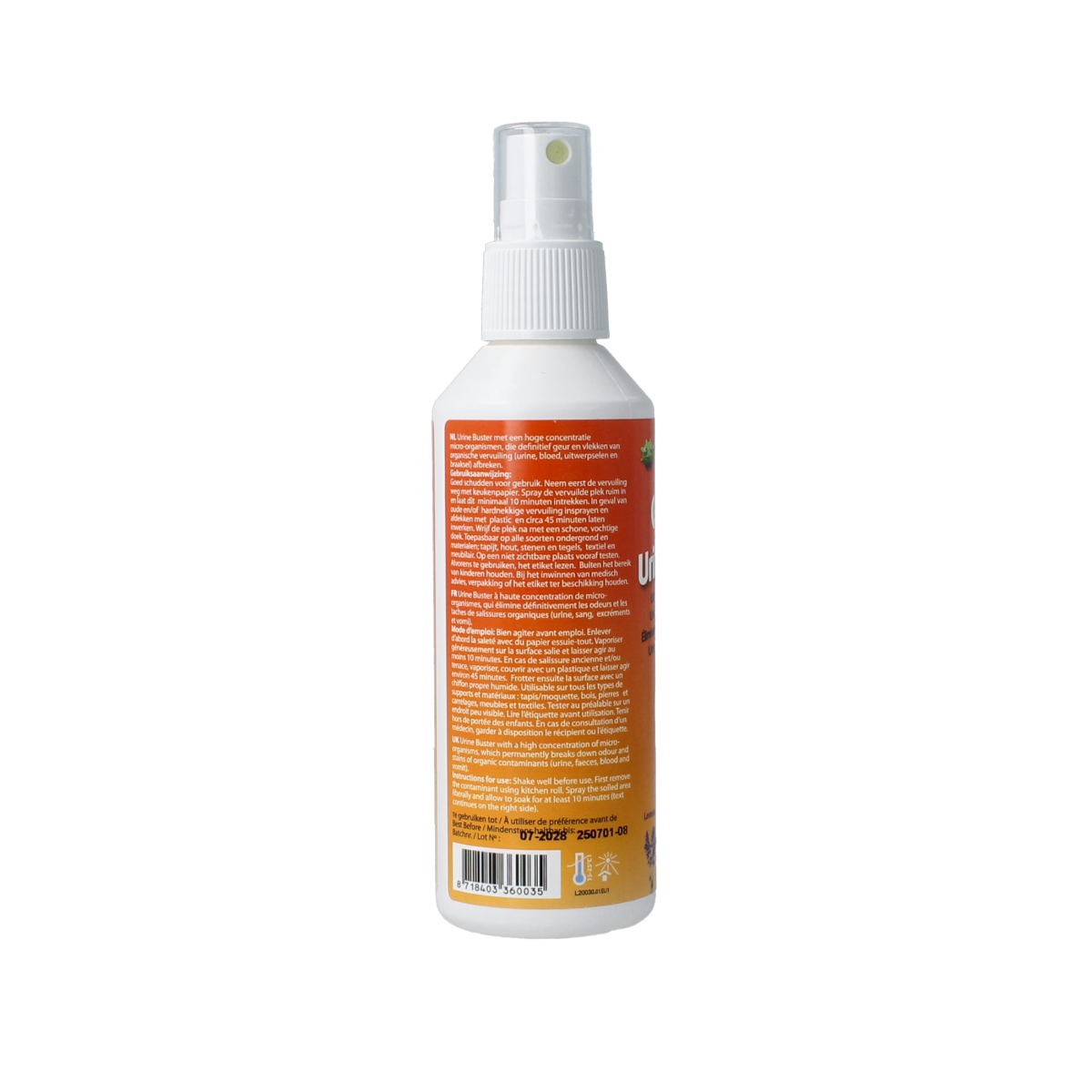 Ecopets Urinebuster lavendel cleaning spray in a 150ml bottle, designed for removing pet urine stains and odors.