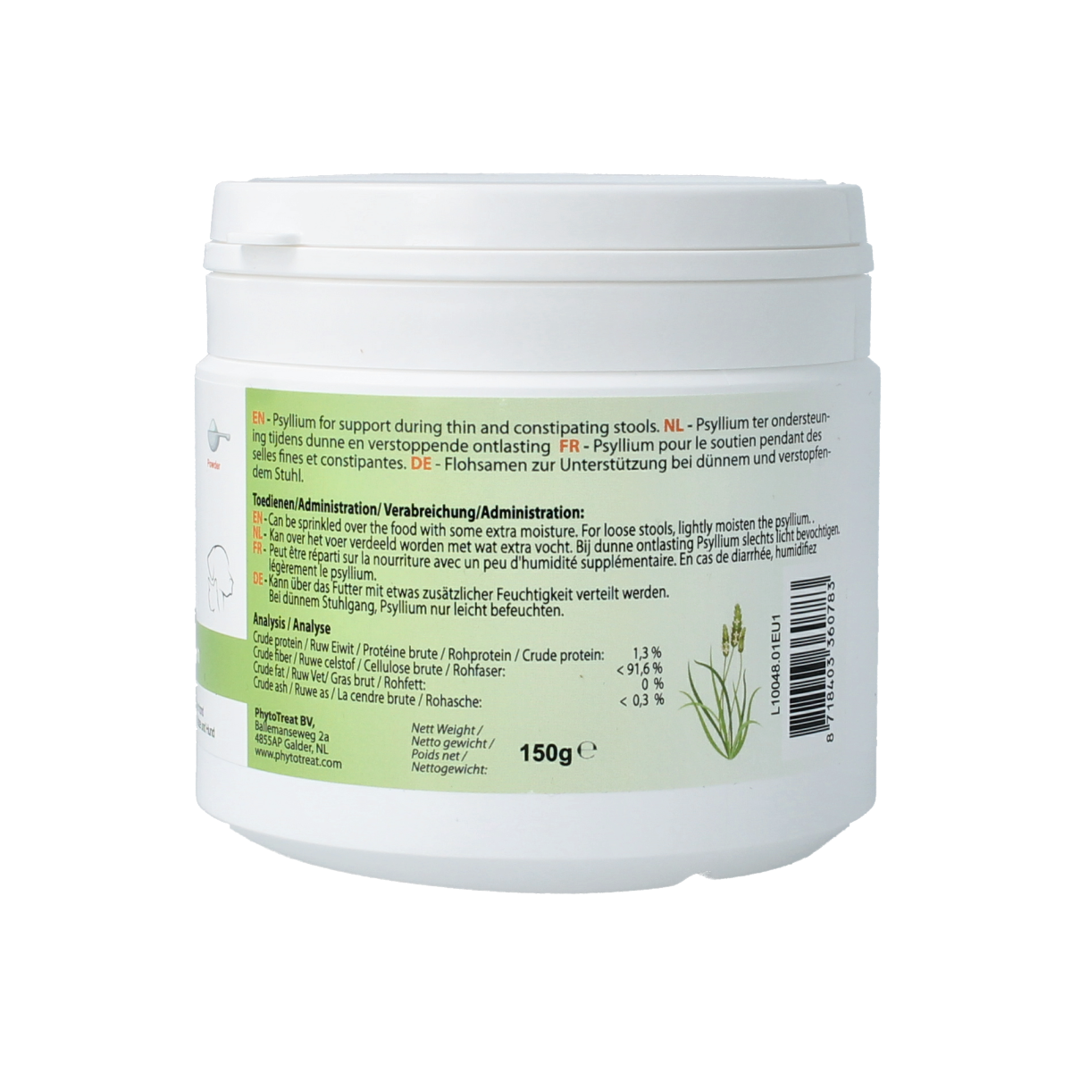 PhytoTreat Psyllium supplement for dogs, cats, and horses in 150g package, natural dietary fiber for animal health.