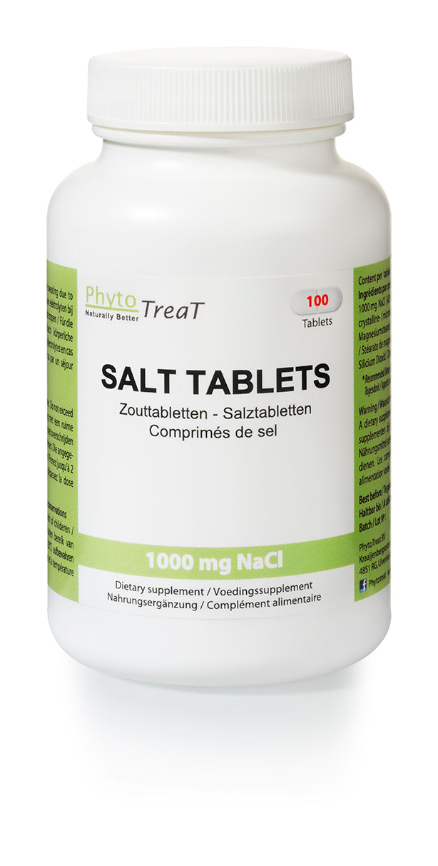 PhytoTreat mineral multivitamin tablets with 1000mg NACL, showing a close-up of the PhytoTreat Zouttabletten bottle and tablets.