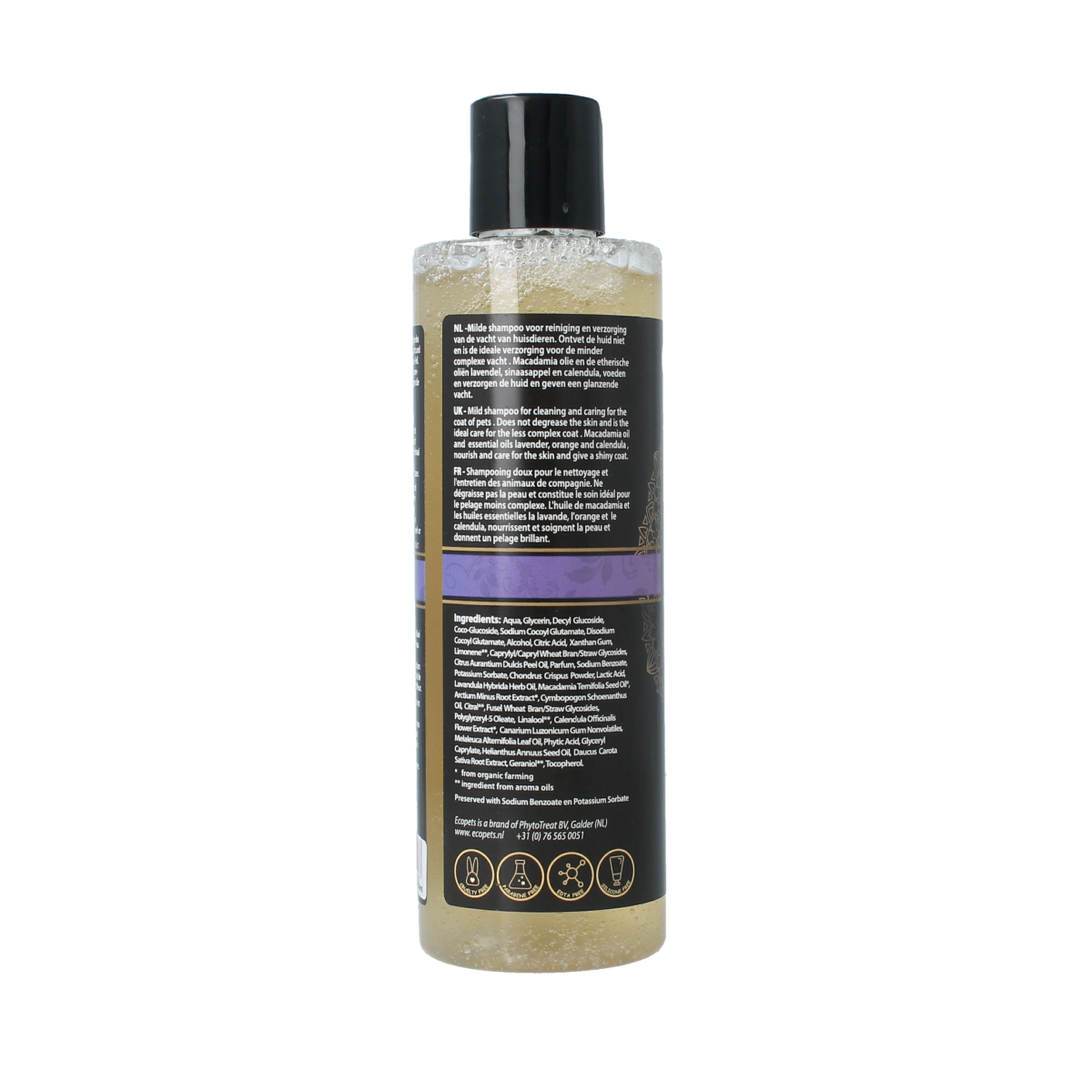 Ecopets Organic Pet Shampoo in 250ml bottle, gentle and natural dog and cat grooming product for healthy pet skin and coat.