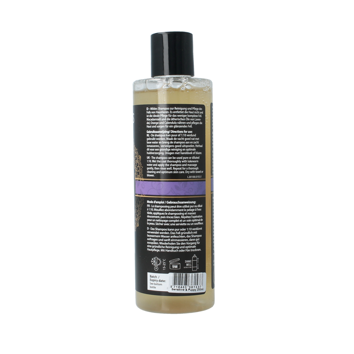 Ecopets Organic pet shampoo in 250ml bottle, natural pet care product for cleaning and maintaining pet hygiene.