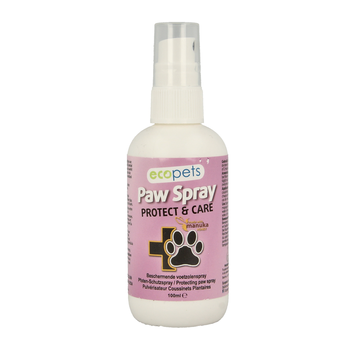 Ecopets Paw Spray in 100ml bottle, pet care product for cleaning and soothing pets' paws, with a white spray bottle and label.