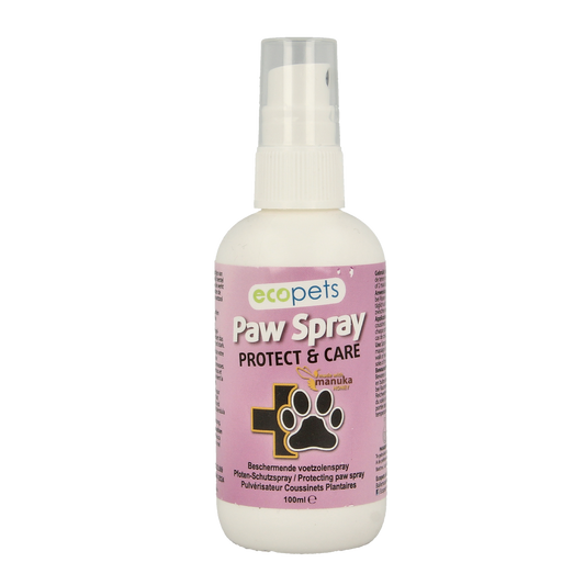 Ecopets Paw Spray in 100ml bottle, pet care product for cleaning and soothing pets' paws, with a white spray bottle and label.