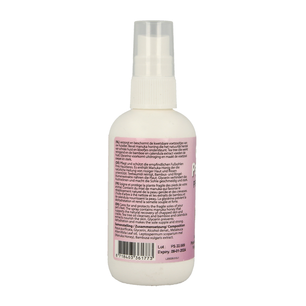 Ecopets Paw Spray 100ml, pet care spray with a spray bottle, designed for cleaning and soothing pet paws.
