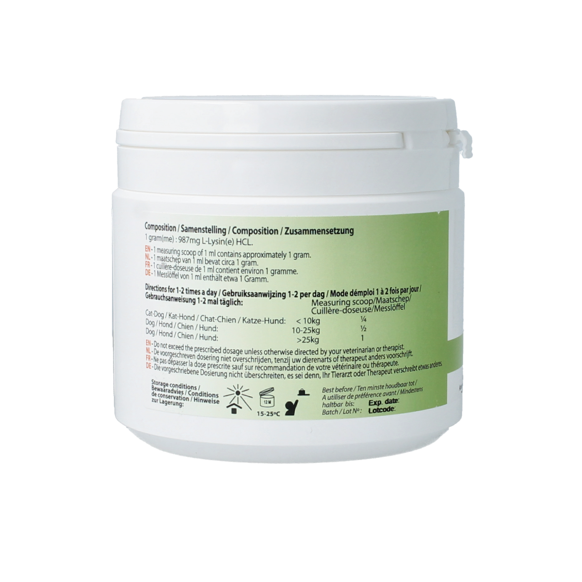PhytoTreat L-lysine supplement for dogs and cats, 150g jar with label, natural dietary support for pets.