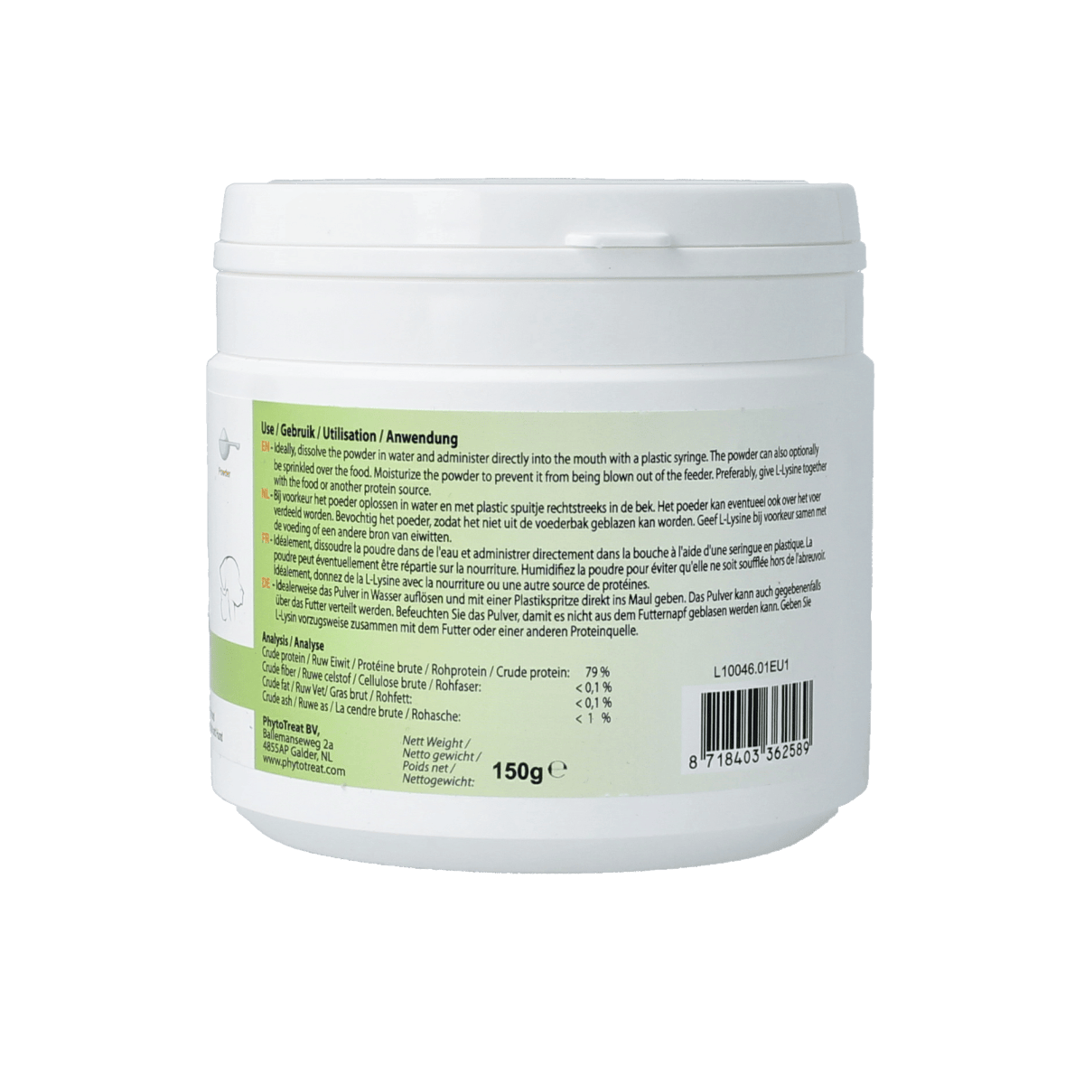 PhytoTreat L-lysine supplement for dogs and cats, 150g, in a white container with a label showing the product name and brand.