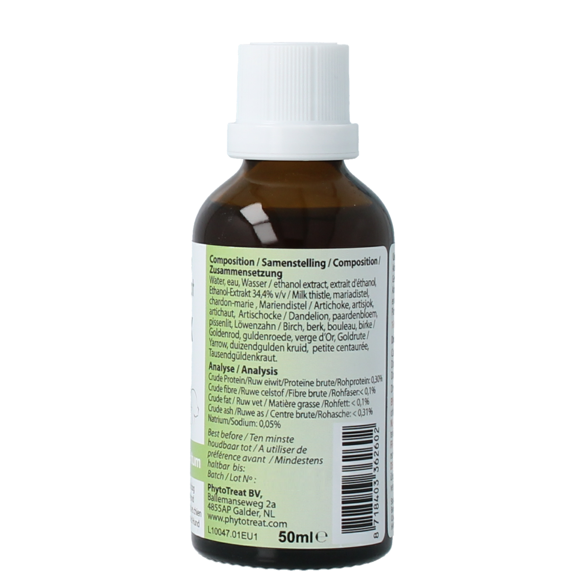 PhytoTreat Detox comfort supplement for dogs and cats in 50ml bottle, natural pet health support from PhytoTreat.