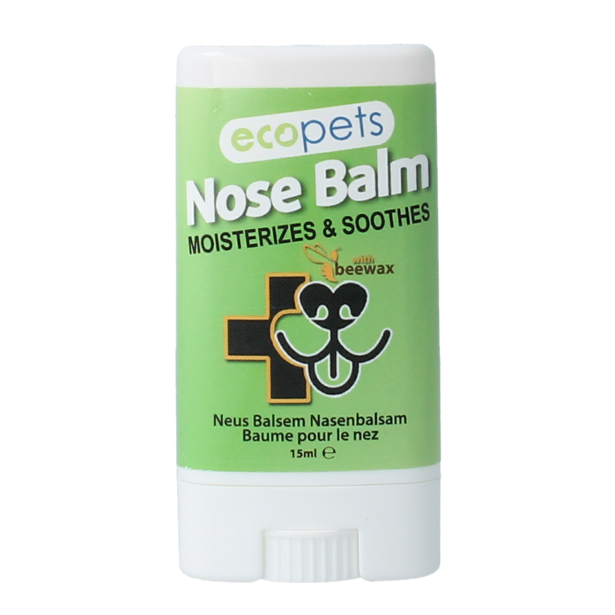 Ecopets Nose Balm in a 15ml tube, designed for animal care, with a close-up of the product packaging showing the Ecopets brand name.
