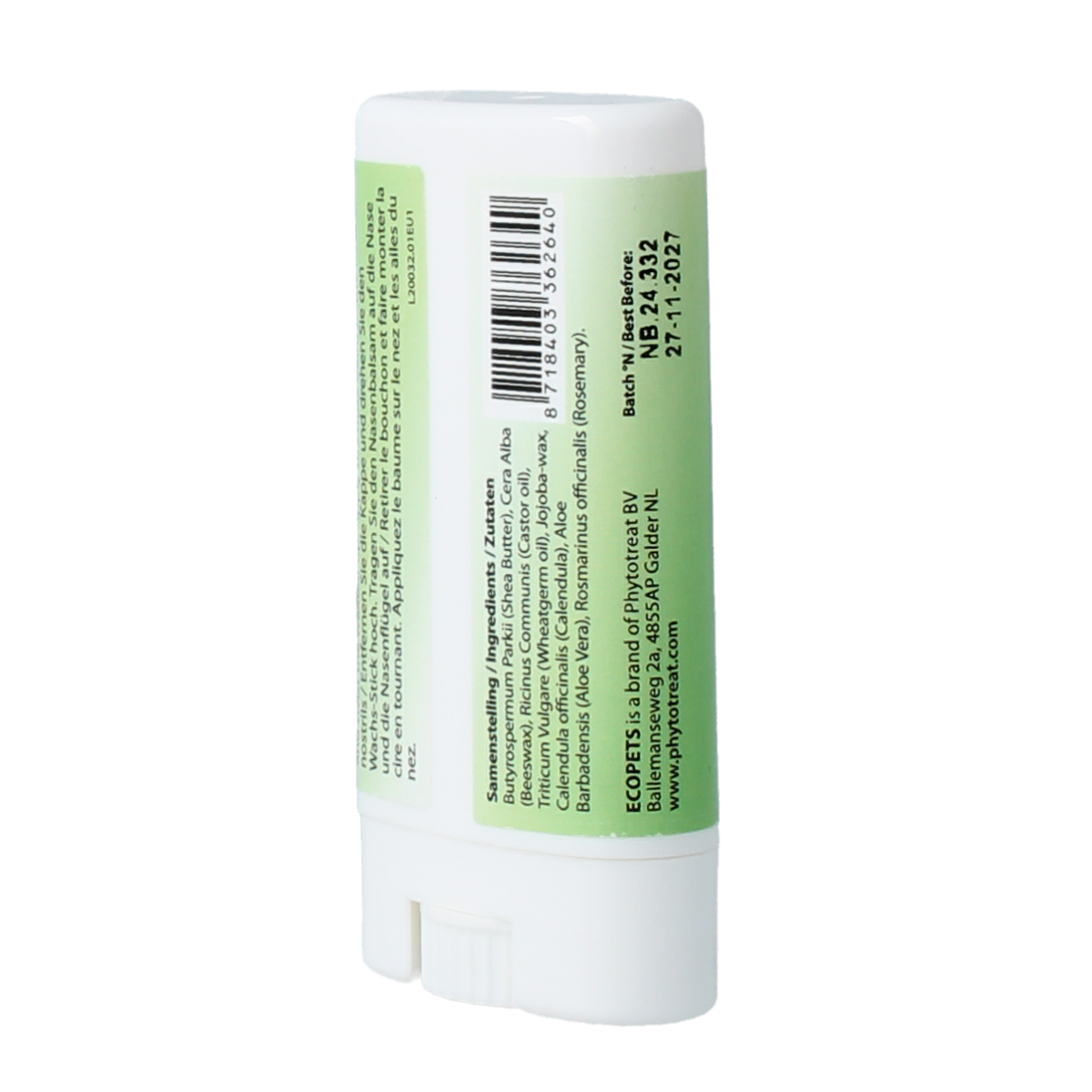 Ecopets Nose Balm 15ml for pet care, featuring a tube with a white cap and label, designed for pet skin moisturizing.