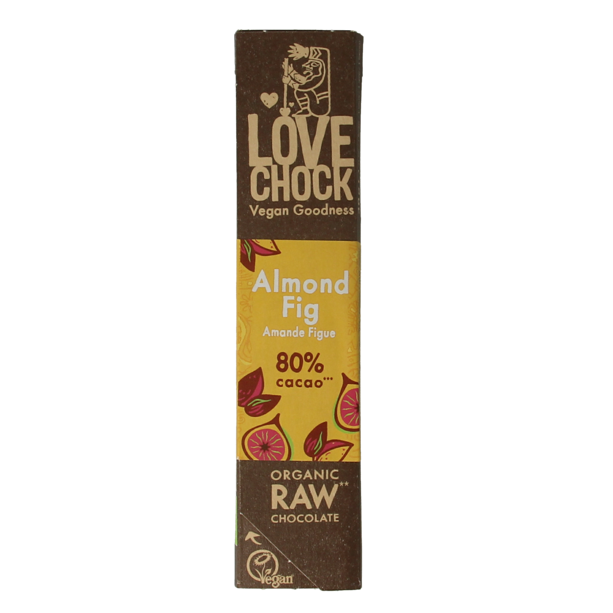 Lovechock Almond Fig bio chocolate bar with visible almond and fig pieces on the packaging.