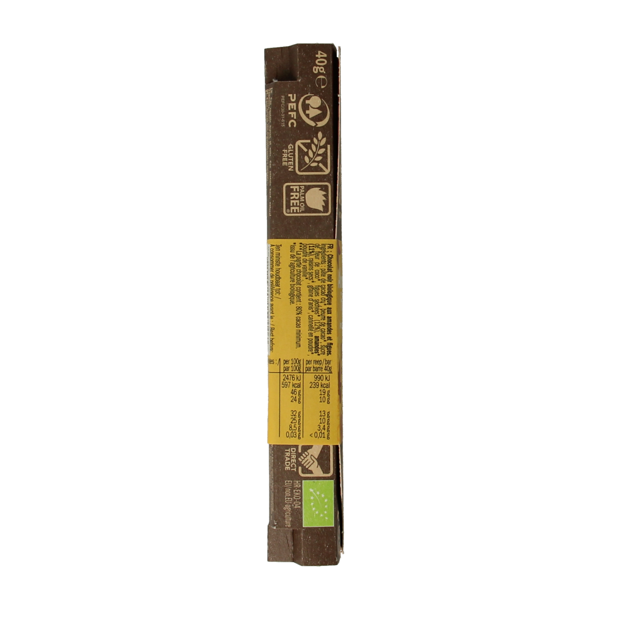 Lovechock almond fig organic chocolate bar, 40g, with visible almond pieces and smooth chocolate surface.