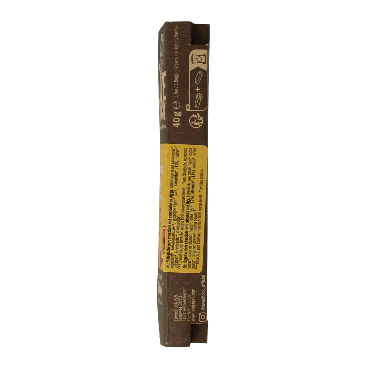 Lovechock organic almond fig chocolate bar, 40g, with visible almond pieces and rich chocolate texture.