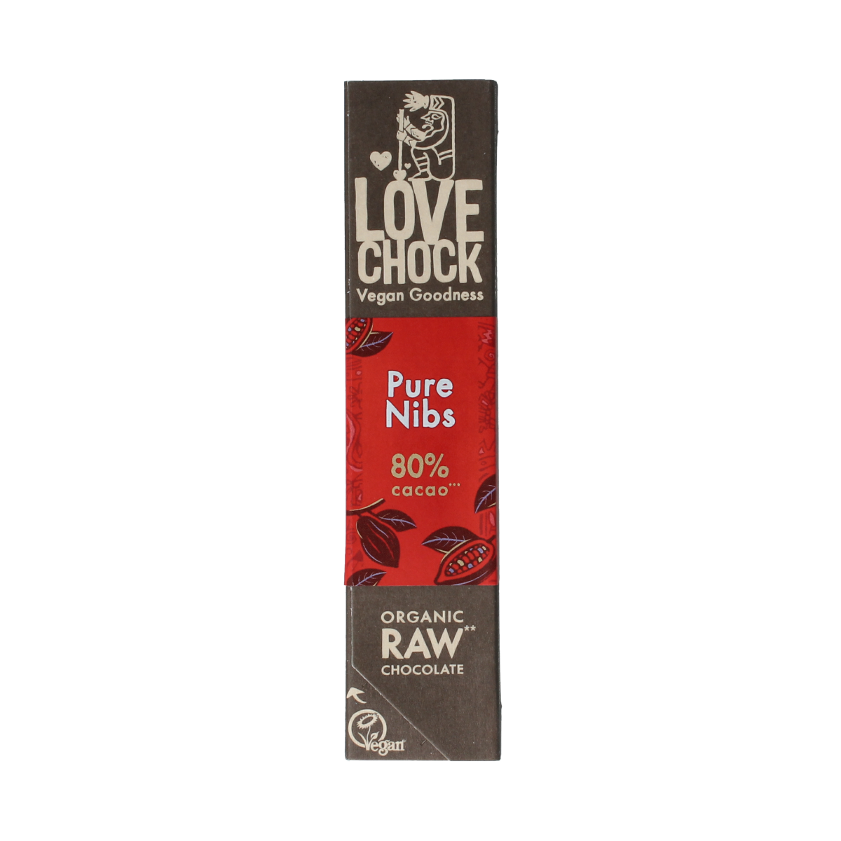 Lovechock Pure Nibs bio chocolate bar, 40g, with crunchy cacao nibs and organic ingredients, natural and healthy snack option.