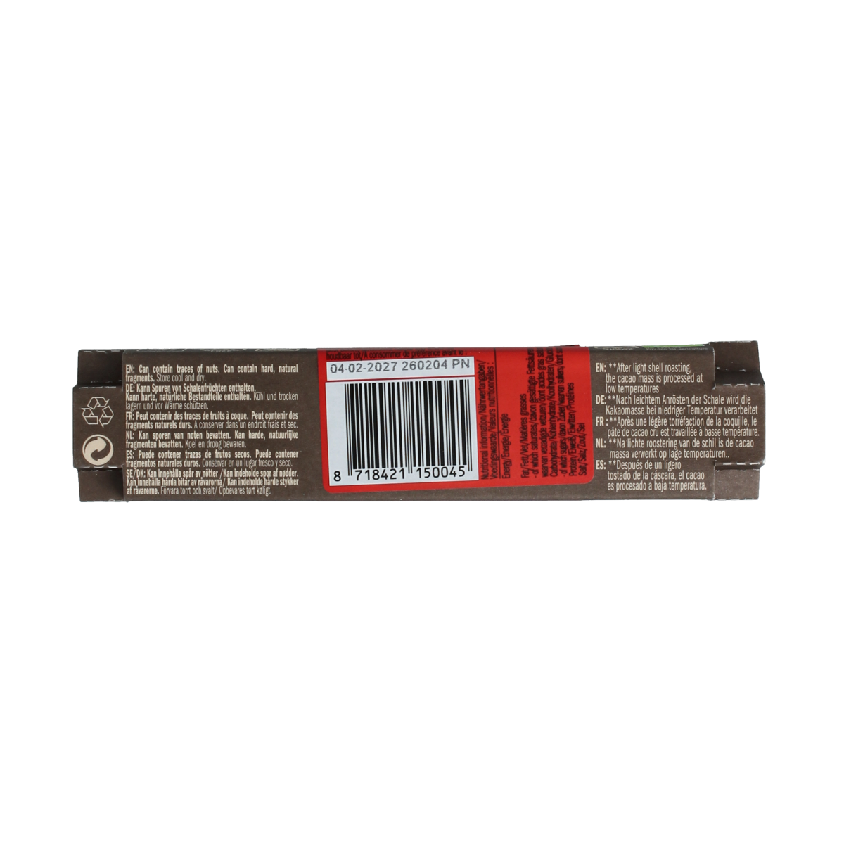 Lovechock Pure nibs bio chocolate bar, 40g, showing the dark chocolate with cocoa nibs inside.