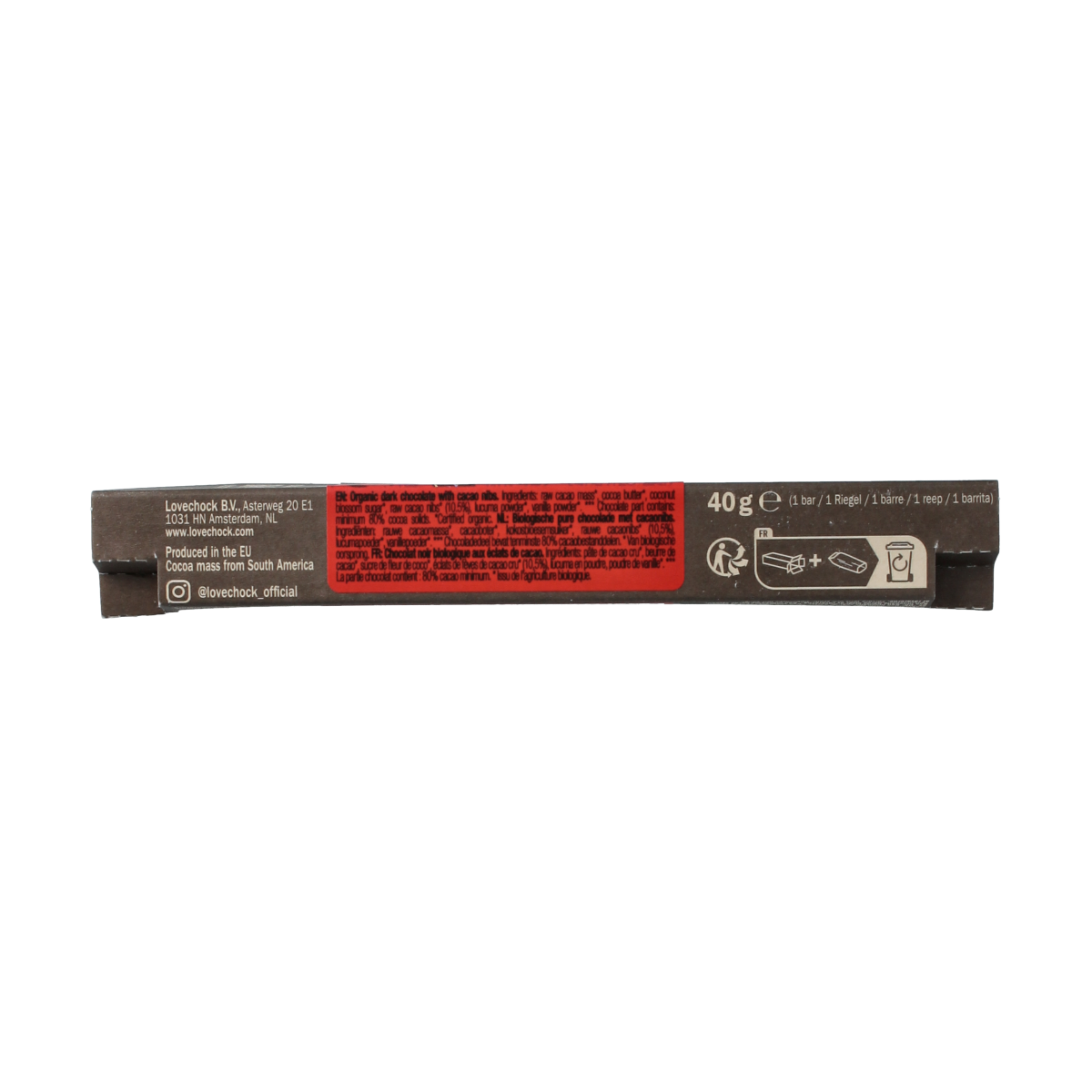 Lovechock Pure nibs bio chocolate bar, 40g, featuring crunchy cacao nibs and smooth dark chocolate from Lovechock.