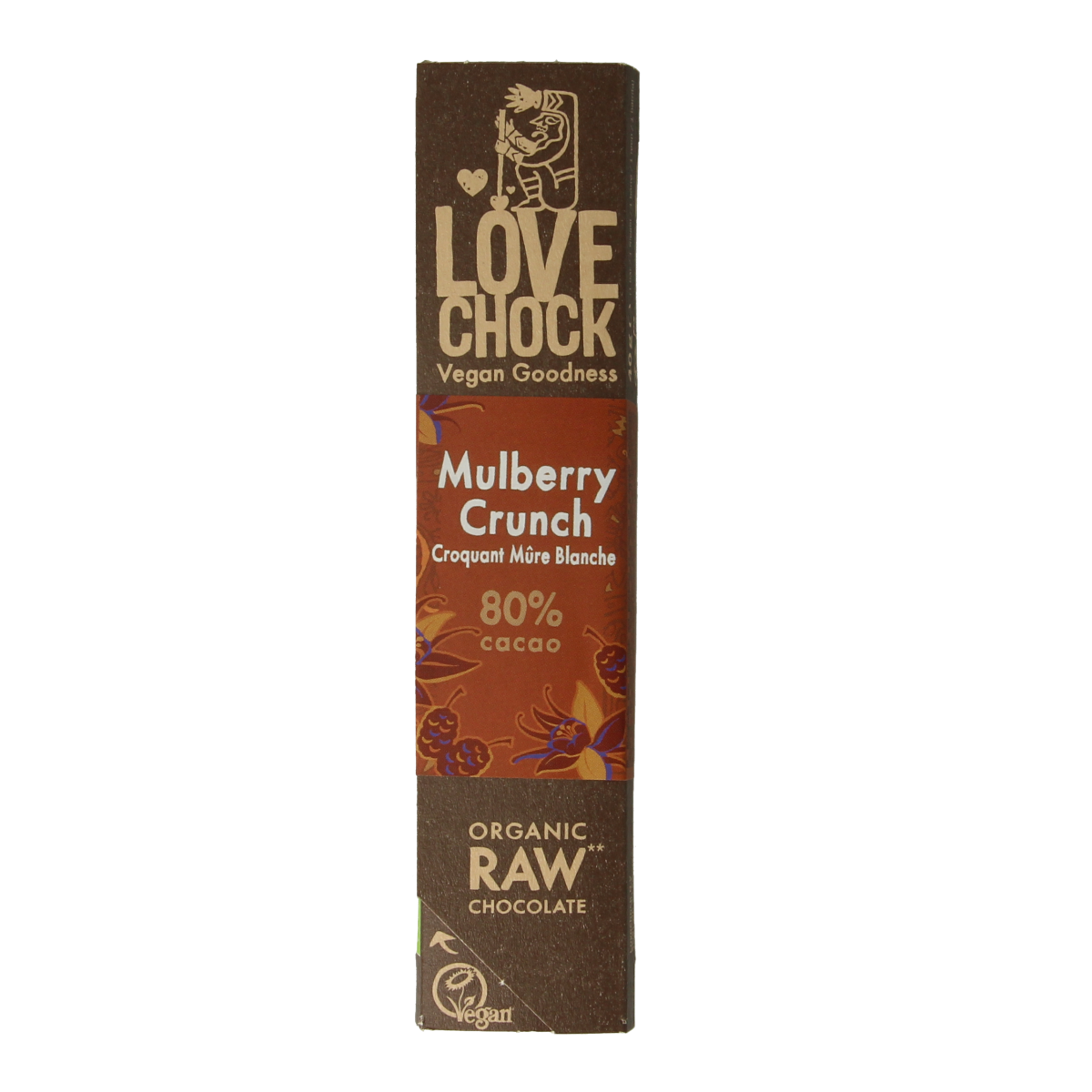 Lovechock Mulberry Crunch organic chocolate bar, 40g, featuring dark chocolate with mulberry flavor and crunchy texture.