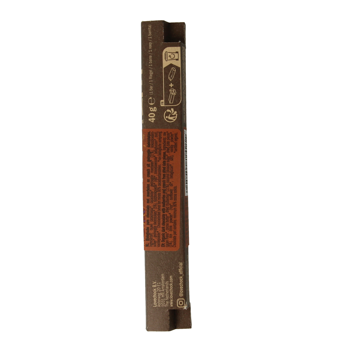 Lovechock Mulberry Crunch organic chocolate bar, 40g, featuring rich chocolate with mulberry flavor and crunchy texture.