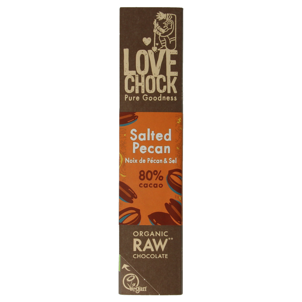 Lovechock salted pecan organic chocolate bar, 40g, with visible pecans and smooth chocolate surface.